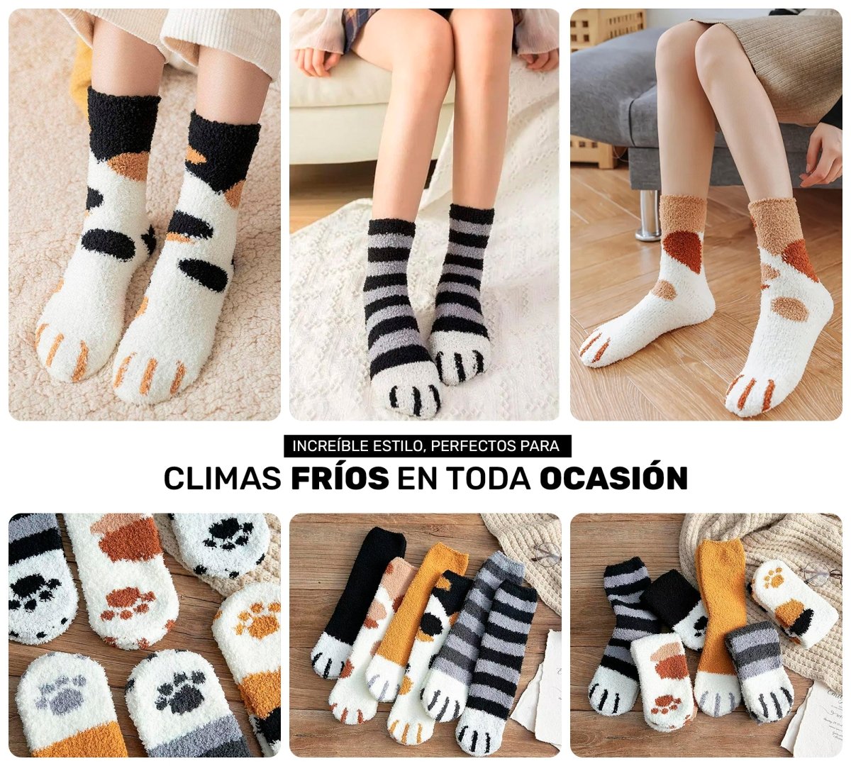 Pack De 6 Calcetines Gatito Con Huellitas & Garras - Diseño Kawaii & Terciopelo - ONDASHOPMX