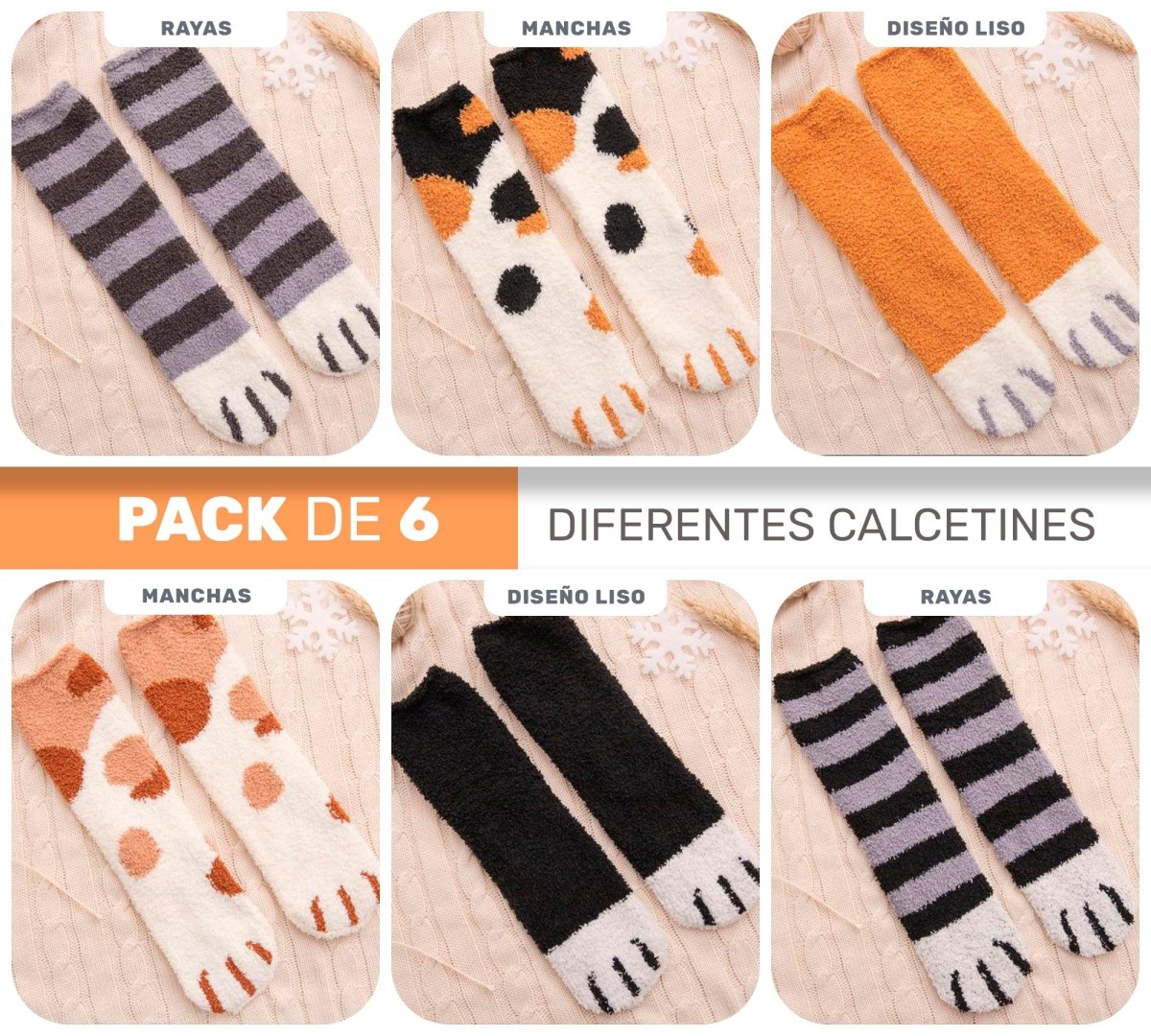 Pack De 6 Calcetines Gatito Con Huellitas & Garras - Diseño Kawaii & Terciopelo - ONDASHOPMX