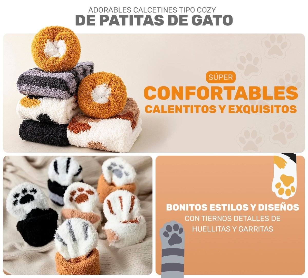 Pack De 6 Calcetines Gatito Con Huellitas & Garras - Diseño Kawaii & Terciopelo - ONDASHOPMX