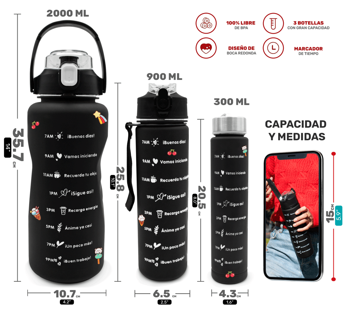 Pack HidraFit 3 En 1 – Botellas Motivacionales Para Todo El Día - ONDASHOPMX
