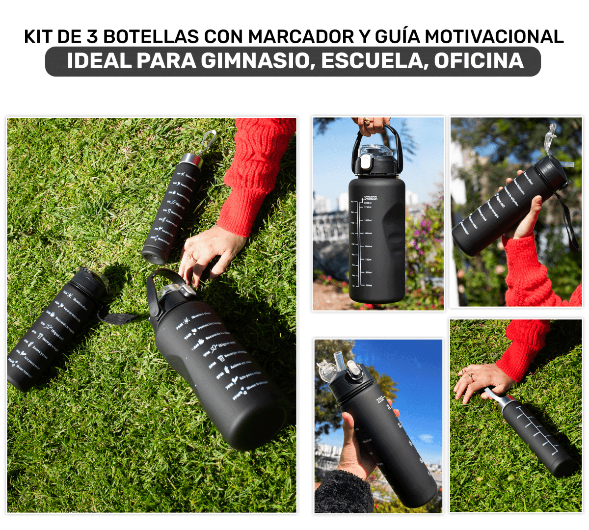 Pack HidraFit 3 En 1 – Botellas Motivacionales Para Todo El Día - ONDASHOPMX