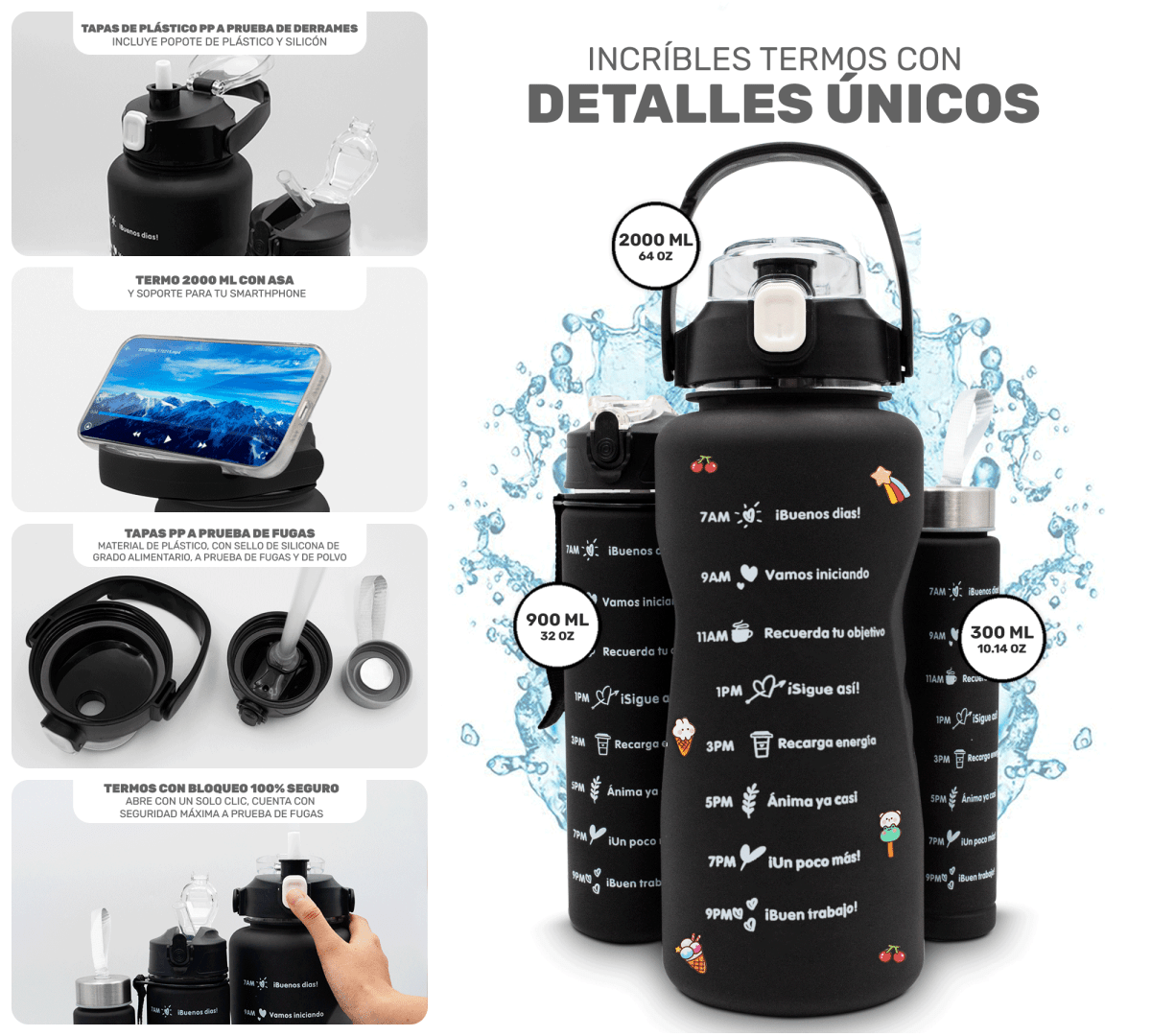 Pack HidraFit 3 En 1 – Botellas Motivacionales Para Todo El Día - ONDASHOPMX