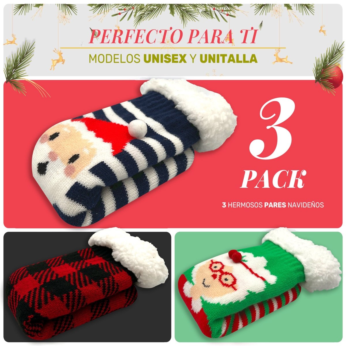 Pack Navideño De 3 Calcetines Largos - Felpa Interior, Diseños Clásicos & Alta Elasticidad - ONDASHOPMX
