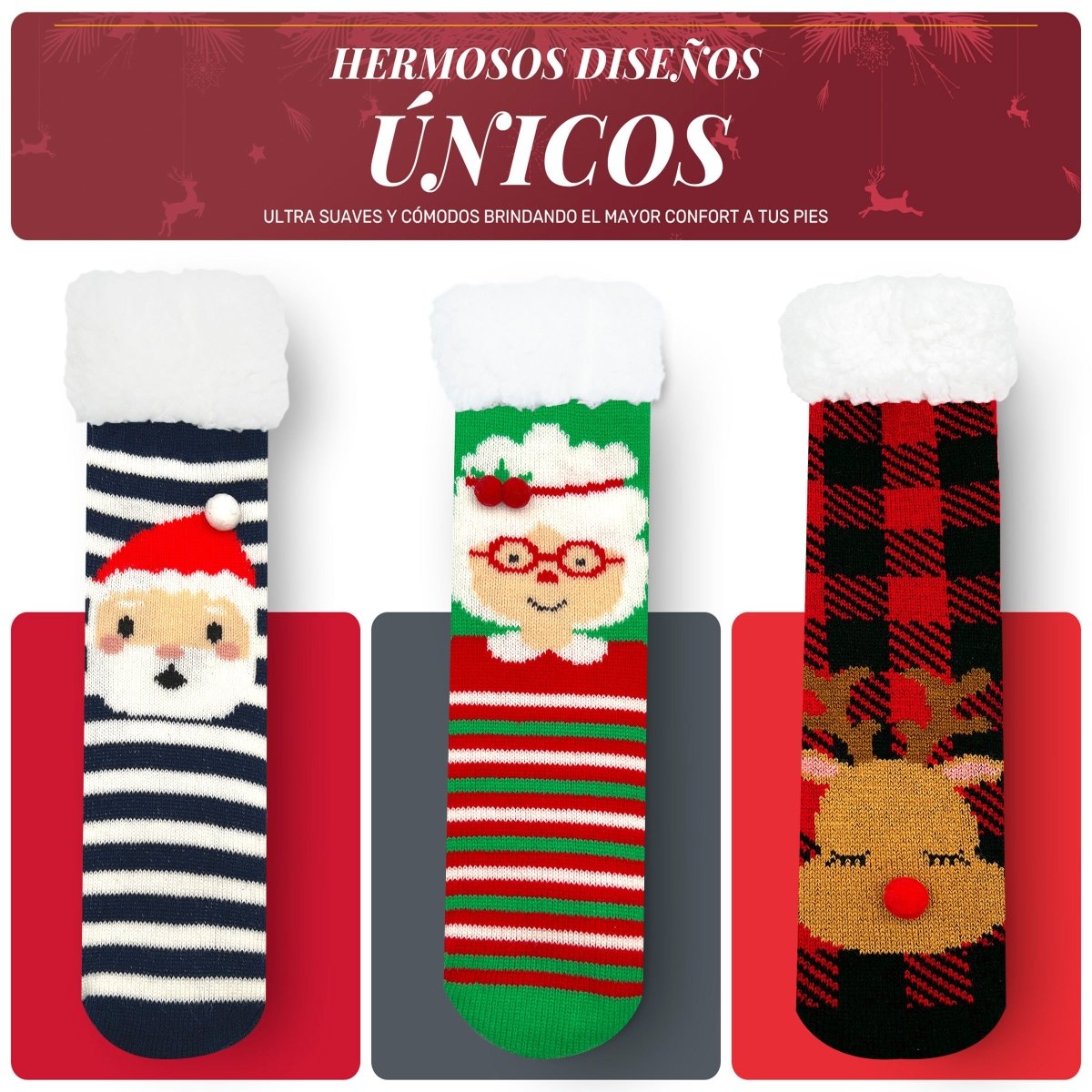 Pack Navideño De 3 Calcetines Largos - Felpa Interior, Diseños Clásicos & Alta Elasticidad - ONDASHOPMX
