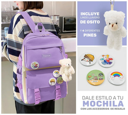 Set 4 Mochilas Escolares Bolsas De Estudiante Tote & Lapicera Kawaii - ONDASHOPMX
