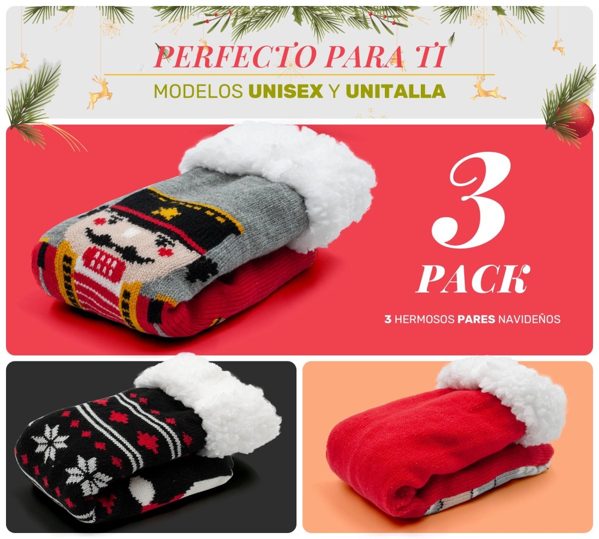 Set De 3 Calcetas Térmicas Navideñas Con Suela Antiderrapante - ONDASHOPMX