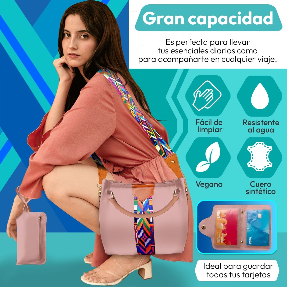 Set De Bolsa Multifuncional Con Tarjetero, Cosmetiquera & Correas Intercambiables - ONDASHOPMX