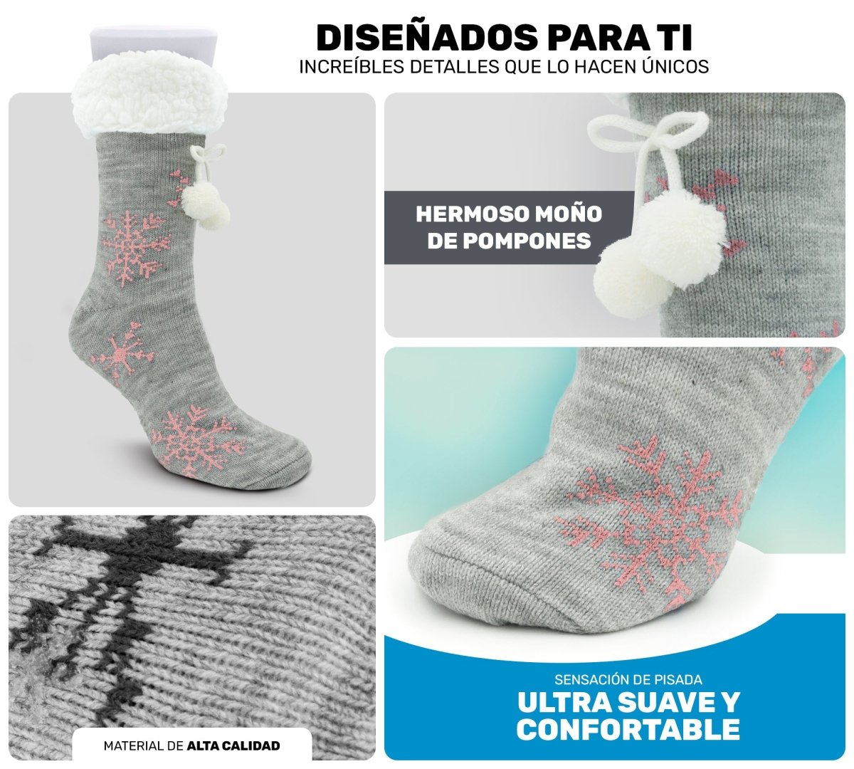 Socks Cozy Chic, Moños De Pompones, Copos De Nieve & Felpa Súper Cálida - ONDASHOPMX