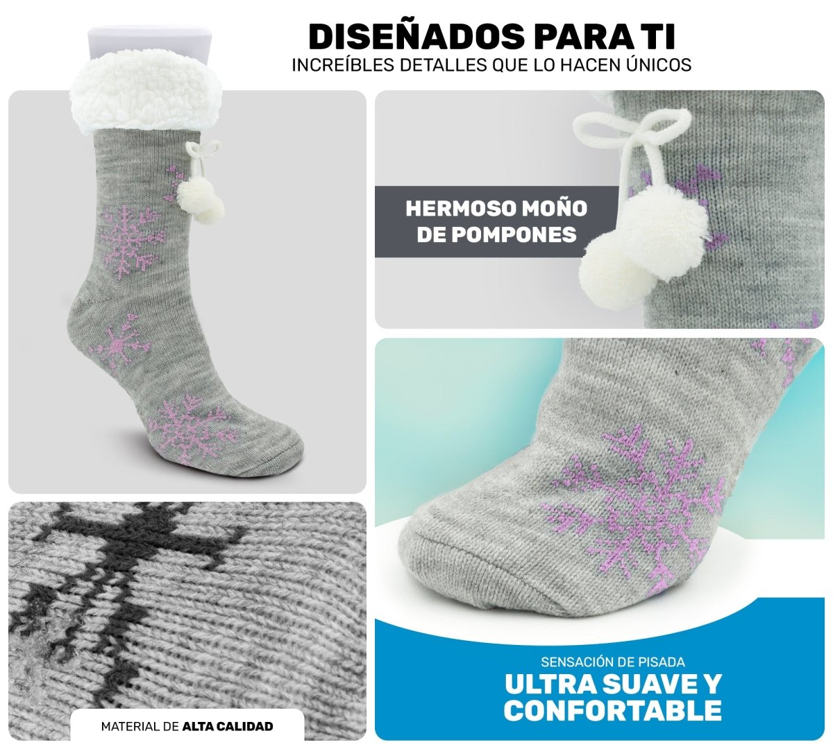 Socks Cozy Chic, Moños De Pompones, Copos De Nieve & Felpa Súper Cálida - ONDASHOPMX