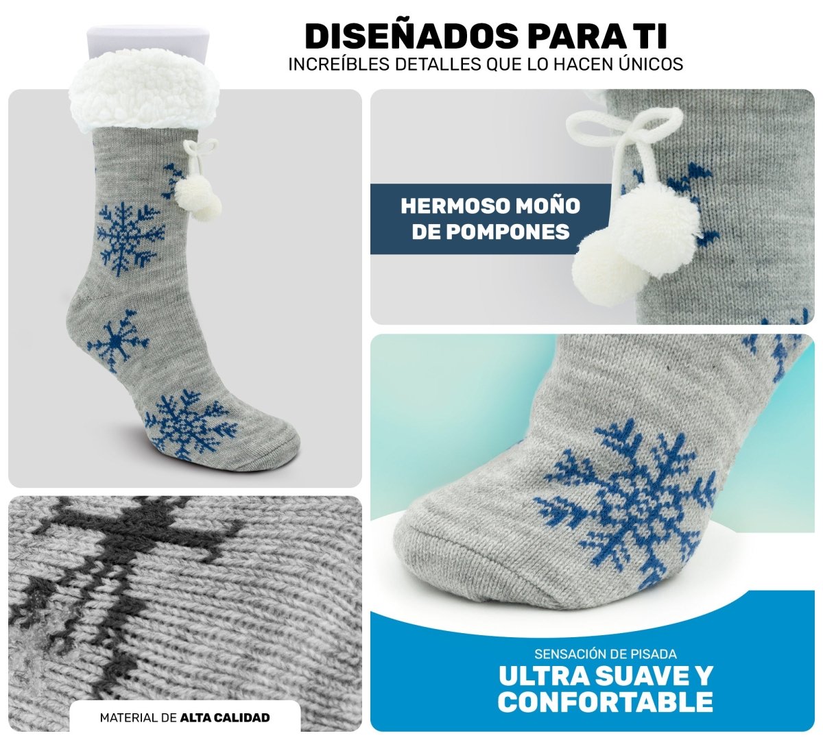 Socks Cozy Chic, Moños De Pompones, Copos De Nieve & Felpa Súper Cálida - ONDASHOPMX