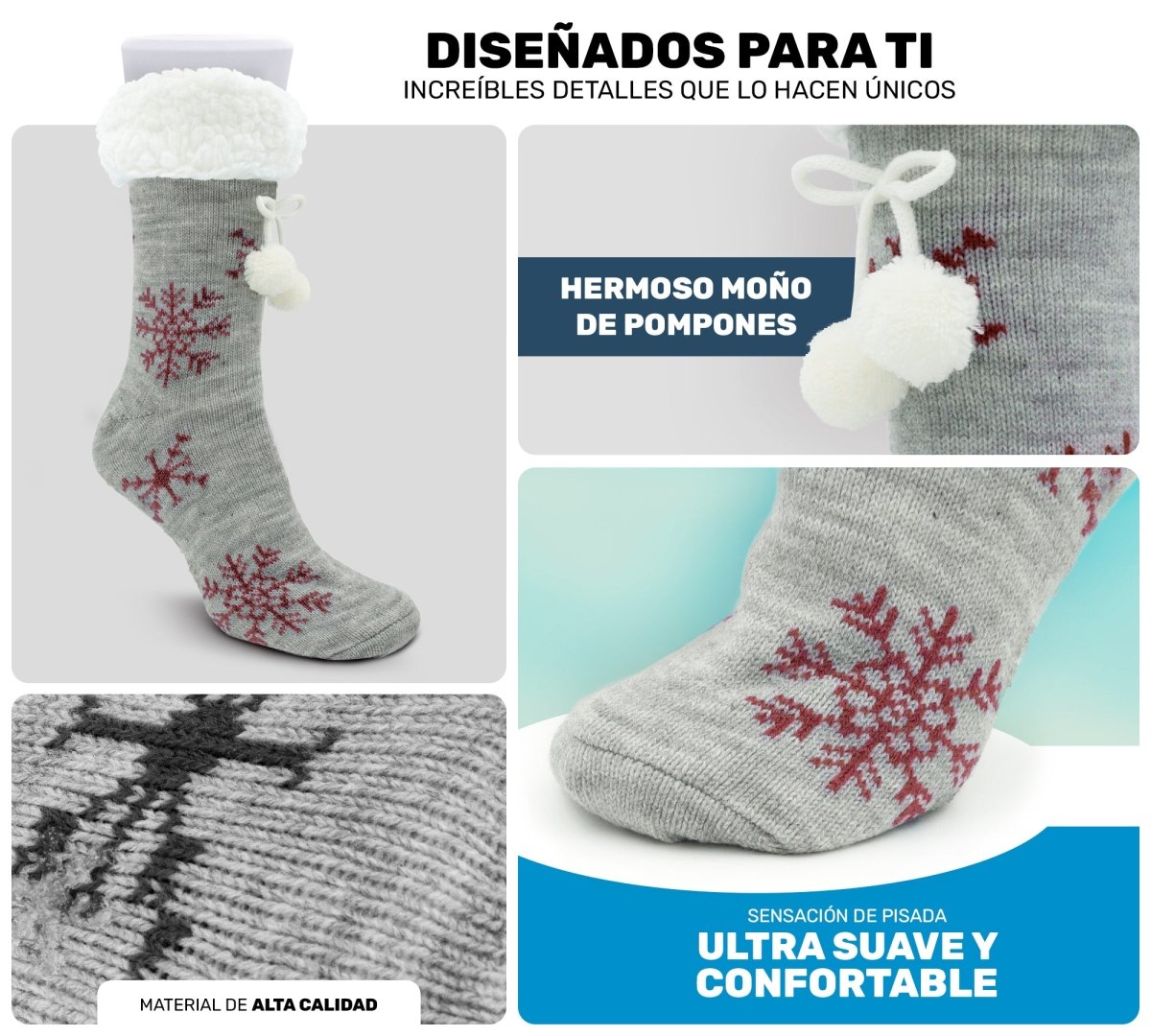 Socks Cozy Chic, Moños De Pompones, Copos De Nieve & Felpa Súper Cálida - ONDASHOPMX