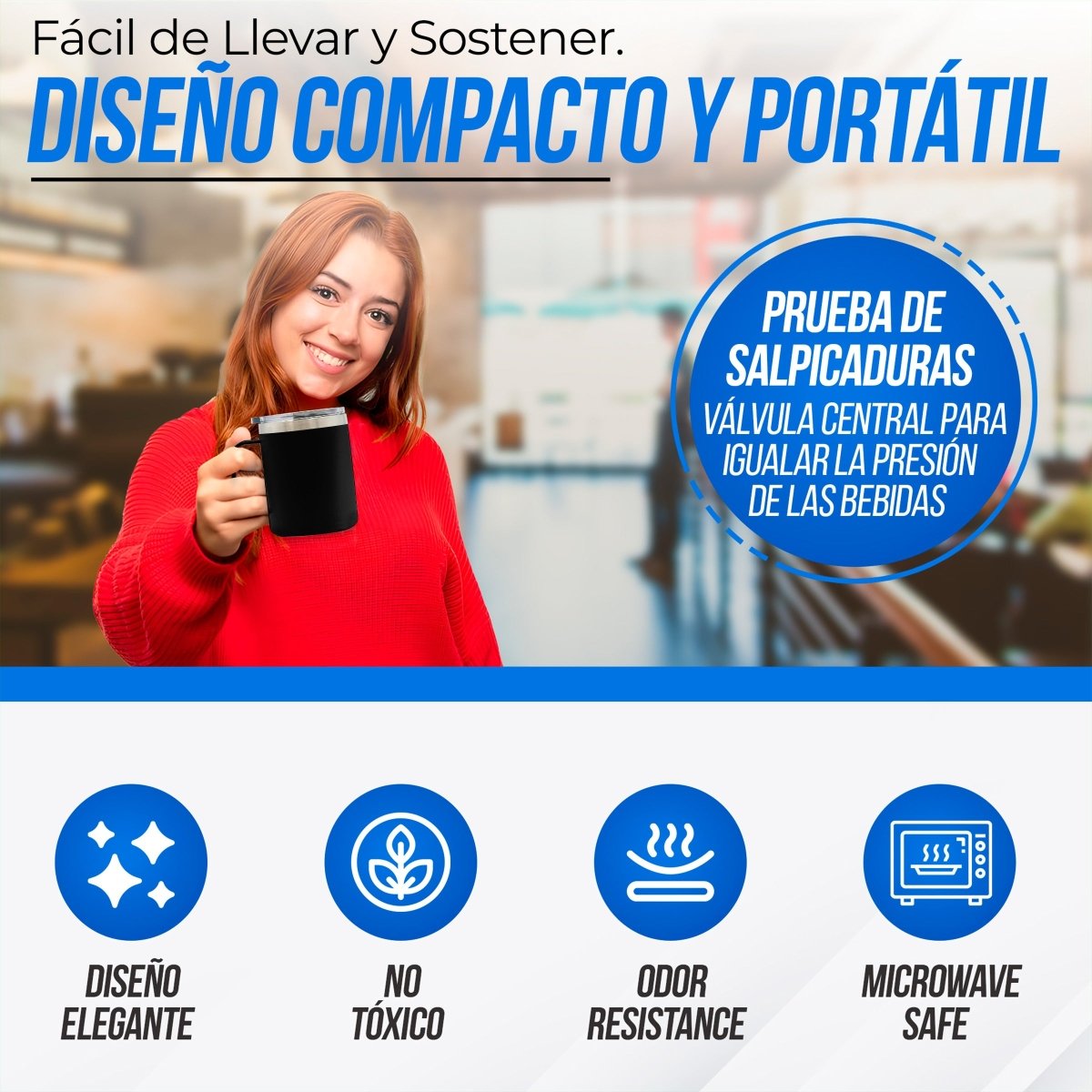Taza Termica Para Café Doble Capa, Vaso Con Tapa Antiderrame Ideal Para Diferentes Liquidos 12oz - ONDASHOPMX